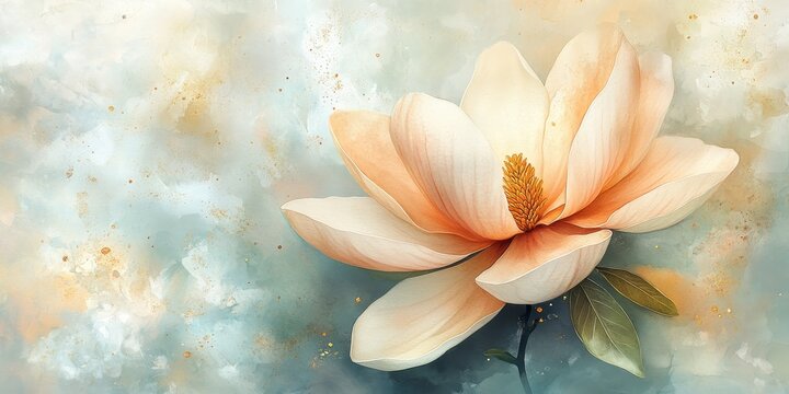 Watercolor painting of magnolia flower blooming on textured background