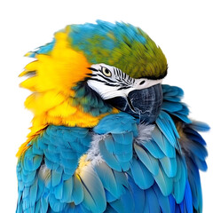 Obraz premium Blue and yellow macaw perched on branch, colorful parrot on white background PNG,AI GENERATED