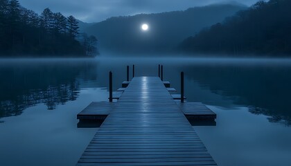 Naklejka premium Misty Moonlight Dock at Lake.