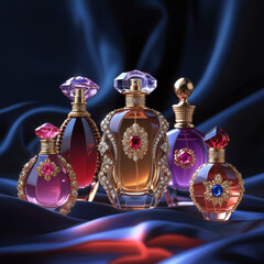Placeholder
Five perfume bottles, likely AI generated content, are grouped on blue satin. The bottles are ornate, colorful, and jewel encrusted.
