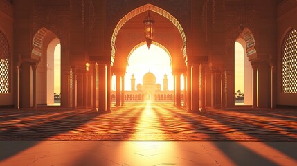 3D mosque with beautiful sunlight and shadow effect on a sunset background, detailed illustration, high resolution, professional photograph. The ultra-high-resolution camera captures the intricate det