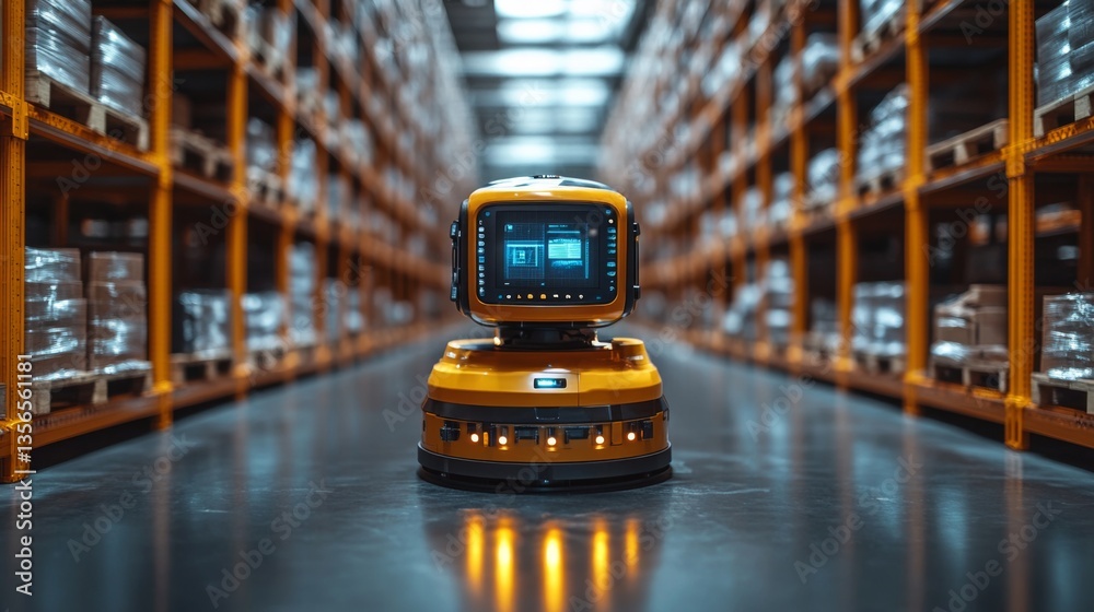 Aufkleber Autonomous robots navigate through a spacious warehouse filled with neatly organized pallets, efficiently managing the movement of freight and inventory in a modern logistics environment.