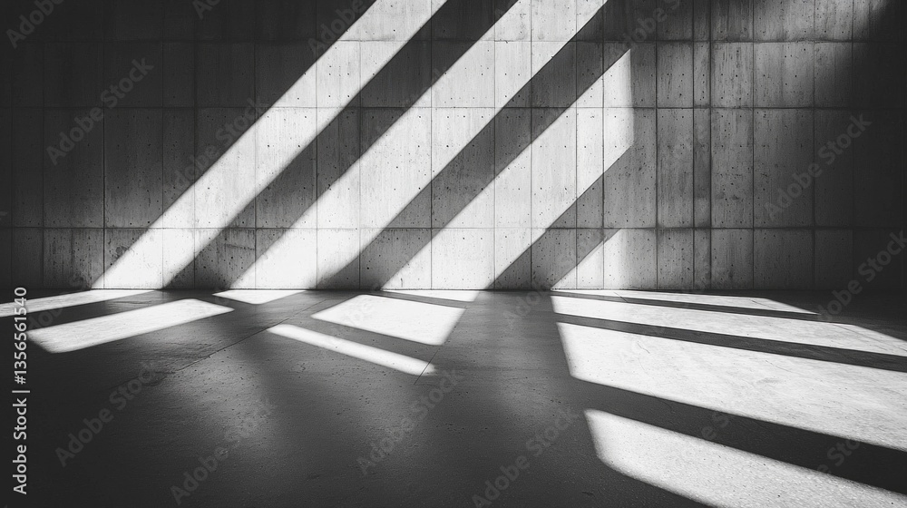 Poster Sunlight filters through gaps, casting dynamic shadows across a bare concrete wall. The interplay of light and shadow creates an intriguing visual journey in the quiet space