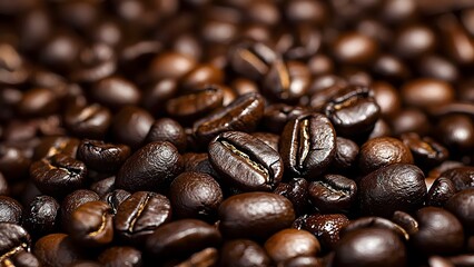 Close-up of dark roasted coffee beans with a glossy finish and rich texture. Concept Coffee Bean Details, Glossy Finish, Rich Texture, Dark Roast, Close-Up Photography