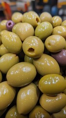 Closeup Green Olives Pile, Food Photography, Culinary Still Life