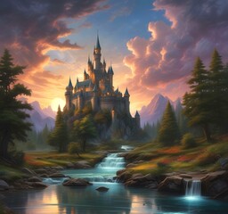 Naklejka premium Illustration of fantasy forest with creek and tower castle.