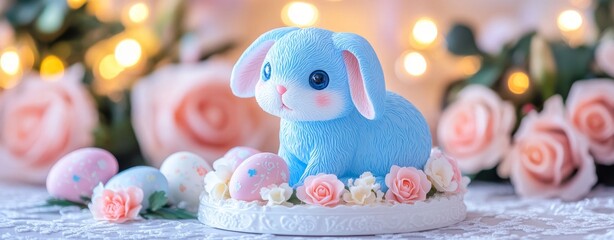A blue bunny adorned with pink flowers and patterned eggs, creating a whimsical springtime vibe