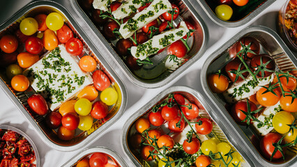 A row of trays with various fruits and vegetables, including tomatoes, cucumbers, and bell peppers