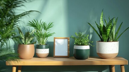 Fototapeta premium Stylish potted plants arranged on a wooden shelf against a muted green wall, bathed in sunlight. A blank frame adds a touch of minimalist elegance.