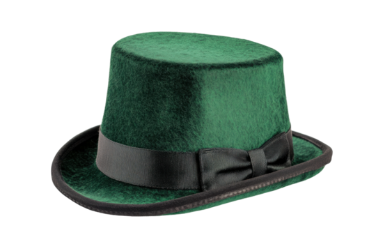 Green velour top hat with black ribbon for festive celebrations, cut out