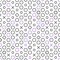 Modern geometric shapes colorful fun pattern. Abstract minimal seamless pattern. Memphis style fashion print design. Black and purple on white background.