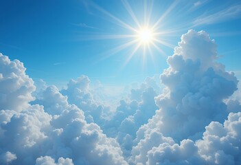 Ethereal celestial panorama with radiant sunlight shining through white clouds