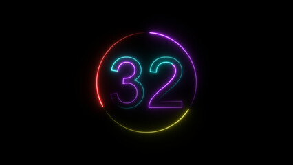 A  circular illustration, and glowing neon number 32 illustration . on a black background. and 4k illustration