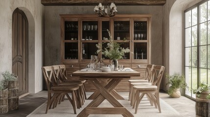 Elegant Wooden Dining Room with Natural Light and Rustic Charm