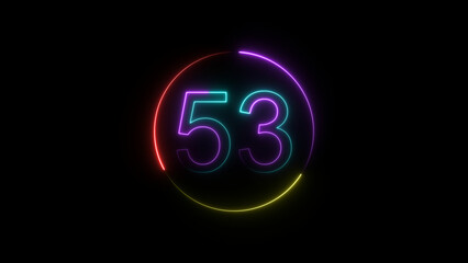 A  circular illustration, and glowing neon number 53 illustration . on a black background. and 4k illustration