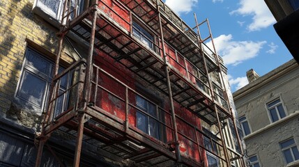 Obraz premium This model represents a sturdy scaffolding tower equipped with robust safety rails and convenient wheels for mobility.