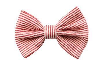 Red and white striped bow tie with knitted texture on black background, cut out