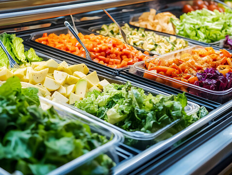 Vibrant salad bar filled with fresh vegetables and toppings in a self-service buffet. Healthy eating concept, ideal for nutrition, wellness, vegetarian lifestyle, and restaurant marketing visuals.