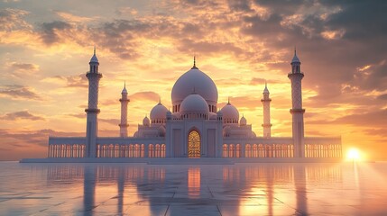 3D mosque with beautiful sunlight and shadow effect on a sunset background, detailed illustration, high resolution, professional photograph. The ultra-high-resolution camera captures the intricate det