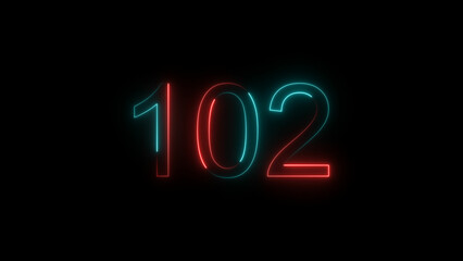 A  glowing neon 102 number illustration . on a black background. and 4k illustration.
