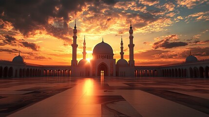 3D mosque with beautiful sunlight and shadow effect on a sunset background, detailed illustration, high resolution, professional photograph. The ultra-high-resolution camera captures the intricate det
