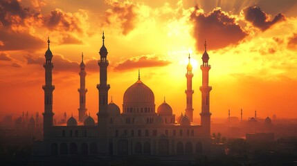 3D mosque with beautiful sunlight and shadow effect on a sunset background, detailed illustration, high resolution, professional photograph. The ultra-high-resolution camera captures the intricate det