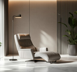 a sleek open-concept lounge with a light gray recliner, white paneled flooring, and a tall floor lamp for ambient light