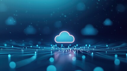 Cloud Networking Connectivity Security Speed Network of connected devices with cloud icon in center, data streams flowing between them, blue background, secure data exchange in cloud