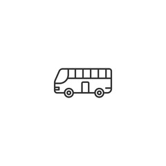 Minimalist linear icon of a bus with windows and wheels.