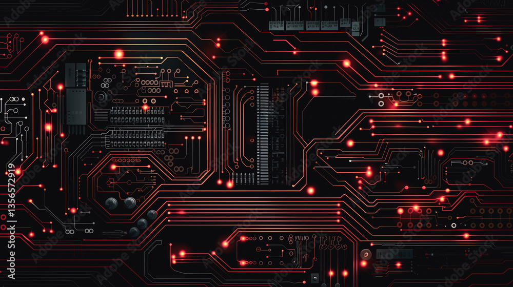 Poster cybernetic circuits: an abstract, detailed view of a circuit board, alive with a network of glowing 