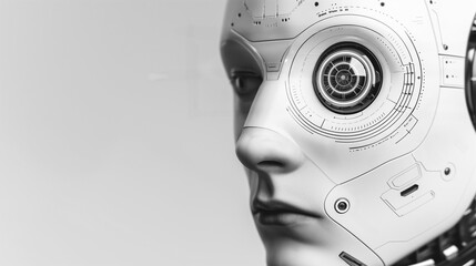 Futuristic Gaze: A striking grayscale close-up of a robot's face, emphasizing the intricate details of its mechanical eye.
