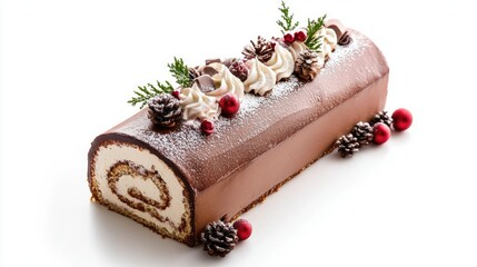 Chocolate Swiss Roll Cake Decorated with Pine Cones and Berries for Holiday Celebrations