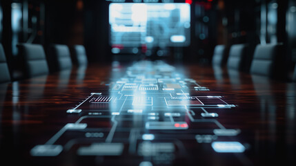 Tech-Infused Strategy Session: A sleek, modern conference room becomes the backdrop for an interactive tech interface, with digital schematics shimmering on the polished table.