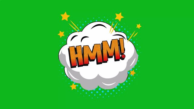 Animated Comic HMM Text in Pop Art Style with Retro Explosions animation on Green Screen background