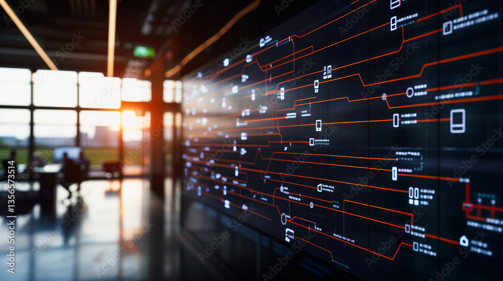 Poster digital network display: an abstract rendering of a modern digital network displayed on a large scre