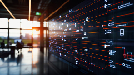 Fototapeta premium Digital Network Display: An abstract rendering of a modern digital network displayed on a large screen inside a contemporary building, symbolizing advanced technology and connectivity.