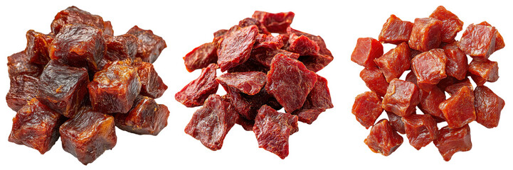 Freeze-dried meat chunks for pet food packaging concept. Dried meat pieces in various shapes and sizes, showcasing rich colors and textures