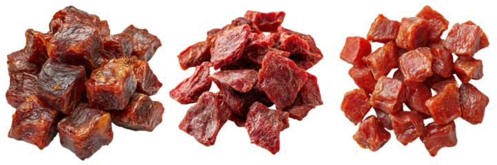 Freeze-dried meat chunks for pet food packaging concept. Dried meat pieces in various shapes and sizes, showcasing rich colors and textures