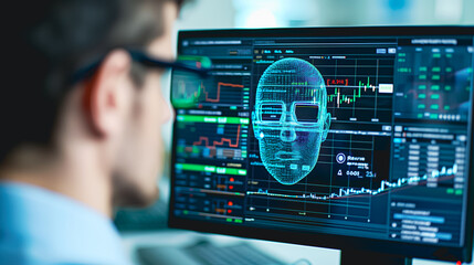 Cybersecurity Analyst: A focused professional monitors a computer screen displaying intricate facial recognition technology and dynamic data visualizations. An immersive visual of modern security.