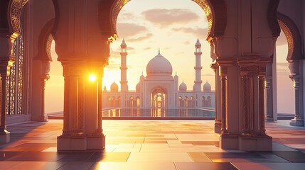 3D mosque with beautiful sunlight and shadow effect on a sunset background, detailed illustration, high resolution, professional photograph. The ultra-high-resolution camera captures the intricate det