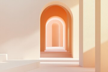 A series of arches leads to the distant brightly lit space