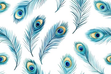 Obraz premium Watercolor Peacock Feathers Seamless Pattern Blue and Teal Plumage on White Background