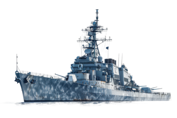 A massive naval battleship moving through the open sea.