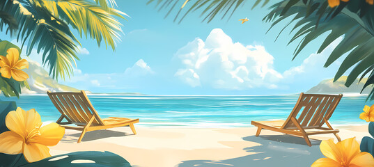 Obraz premium Tropical Paradise: Relaxing on a sunny beach with two chairs under the shade of palm leaves, overlooking the ocean.