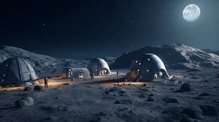 Lunar Colony Astronauts at a Futuristic Moon Base under a Bright Moon