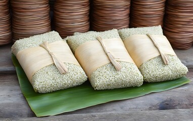 Three Sesame Rice Packets on Banana Leaf