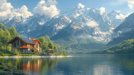 Obraz premium Alpine Lake House Mountain Retreat Serenity.