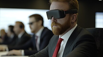 Businessman wearing VR headset in meeting.