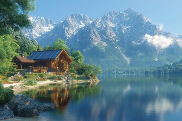Fototapeta premium Alpine Lakefront Cabin with Mountain Views, and EcoFriendly Retreat.