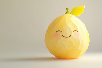 Fototapeta premium A cheerful, polygonal lemon with a smile and leaf, rendered in 3D.